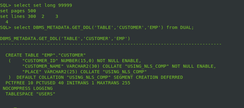 ddl of a table in oracle