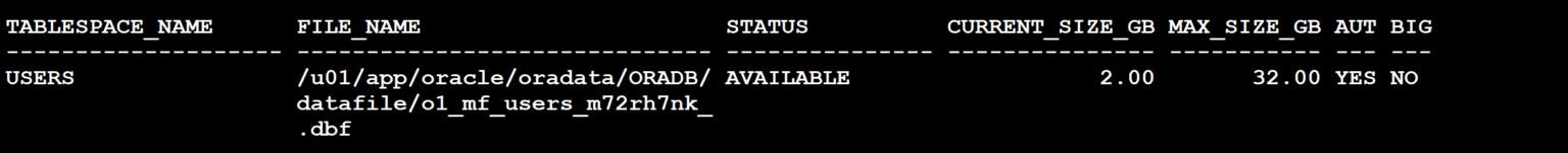 oracle create tablespace default datafile